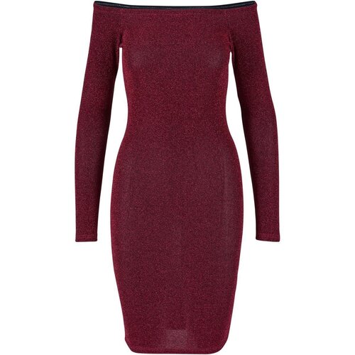 Urban Classics Ladies Off Shoulder Longsleeve Glitter Dress burgundy XS