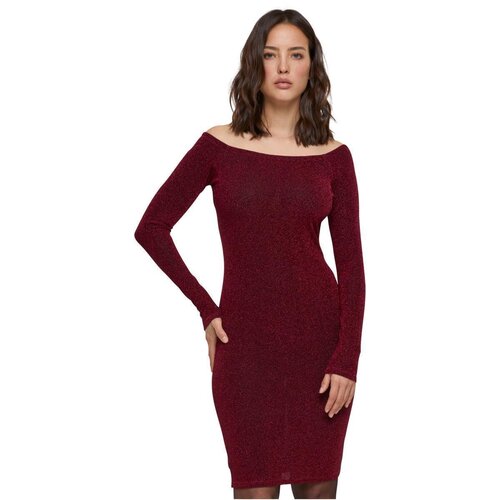 Urban Classics Ladies Off Shoulder Longsleeve Glitter Dress burgundy XS