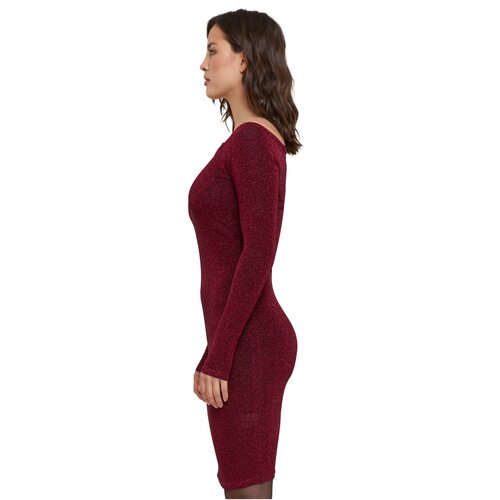 Urban Classics Ladies Off Shoulder Longsleeve Glitter Dress burgundy XS