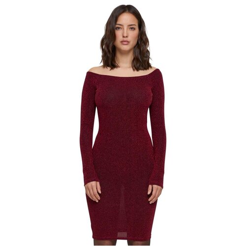 Urban Classics Ladies Off Shoulder Longsleeve Glitter Dress burgundy XS