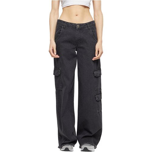 Urban Classics Ladies Mid Waist Cargo Denim Pants black charcoal washed 26