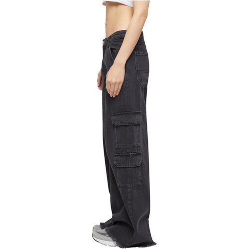 Urban Classics Ladies Mid Waist Cargo Denim Pants black charcoal washed 26