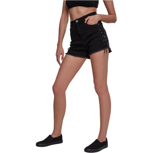 Urban Classics Ladies Highwaist Denim Lace Up Shorts black washed 29