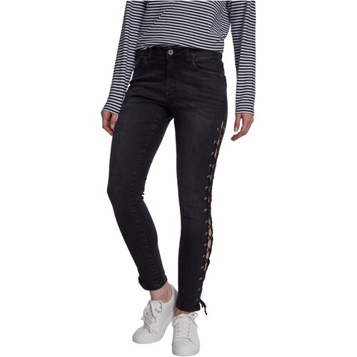 Urban Classics Ladies Denim Lace Up Skinny Pants black washed 29