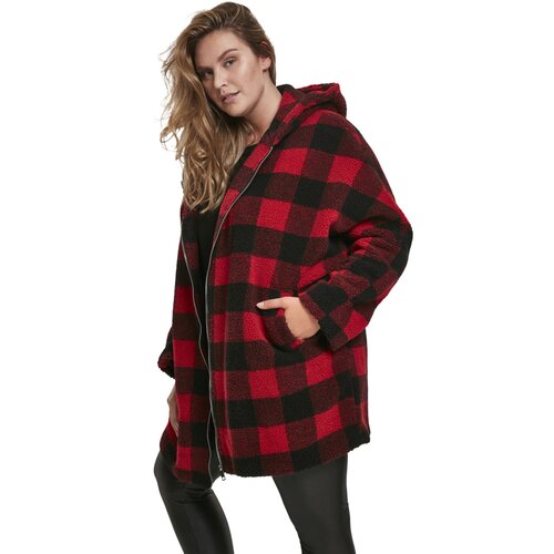 Urban Classics Ladies Hooded Oversized Check Sherpa Jacket firered/blk 3XL