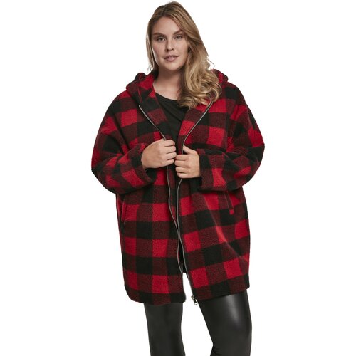 Urban Classics Ladies Hooded Oversized Check Sherpa Jacket firered/blk 5XL