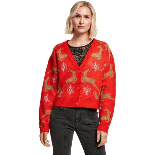 Urban Classics Ladies Short Oversized Christmas Cardigan red/gold XS