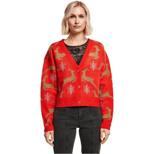 Urban Classics Ladies Short Oversized Christmas Cardigan red/gold XS